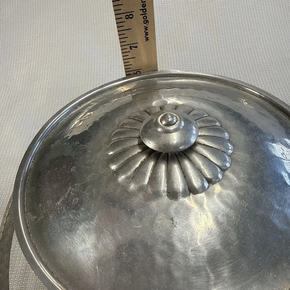 Vintage Hammered Aluminum Ice Bucket Ribbed Floral Trim Handle Art Nouveau MCM